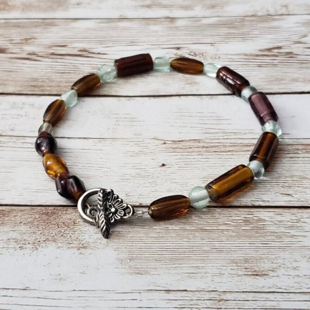 Vintage Bracelet - Pretty Brown Tones with Flower Clasp 10.5"